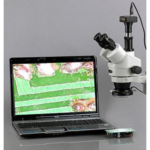 AmScope SM-5TZ-FRL Professional Trinocular Stereo Zoom Microscope, WH10x Eyepieces, 3.5X-90X Magnification, 0.7X-4.5X Zoom Objective, 8W Fluorescent Ring Light, Ball-Bearing Double-Arm Boom Stand, 110V-120V, Includes 0.5X and 2.0X Barlow Lenses