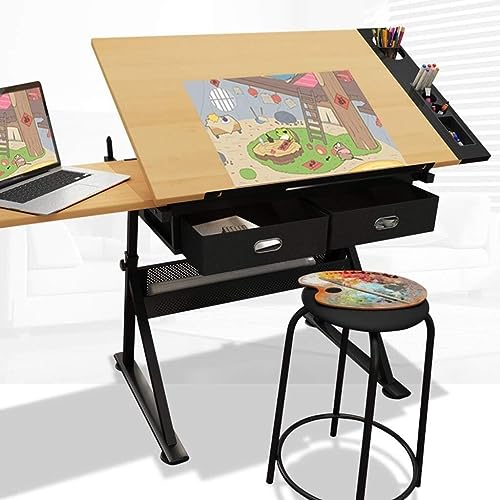 OGRAFF Drafting Table Height Adjustable Tiltable Craft Desk with Storage Maple Panel Art Desk