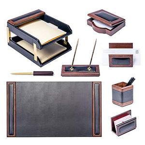 Dacasso Walnut and Black Leather Desk Set, 10-Piece