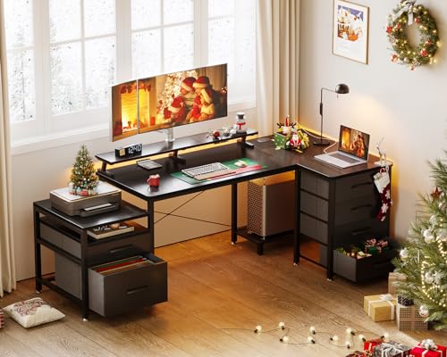 AODK L Shaped Computer Desk with File Drawers & Power Outlet, 72" Corner Desk - Black