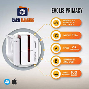 Evolis Primacy Single Sided ID Card Printer Machine & Supplies Bundle with Card Imaging Software (PM1H0000RS)