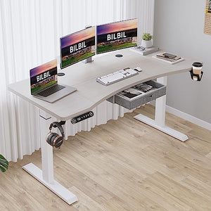 bilbil Electric Standing Desk with Drawer, Height Adjustable Sit Stand Up Desk, 63x30 Inches, Pale Pearwood Top/White Frame