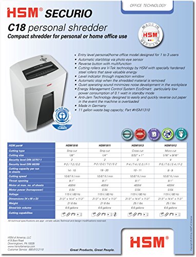 HSM SECURIO C18s Strip Cut Shredder, 19-20 Sheet, 6.6-Gallon Capacity