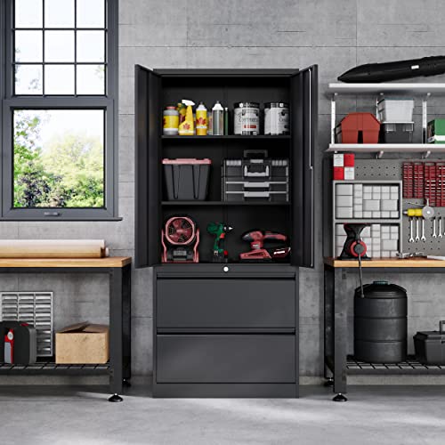 Fesbos 71" Metal Storage Cabinet with Lock - Black Heavy-Duty Garage Tool Cabinet