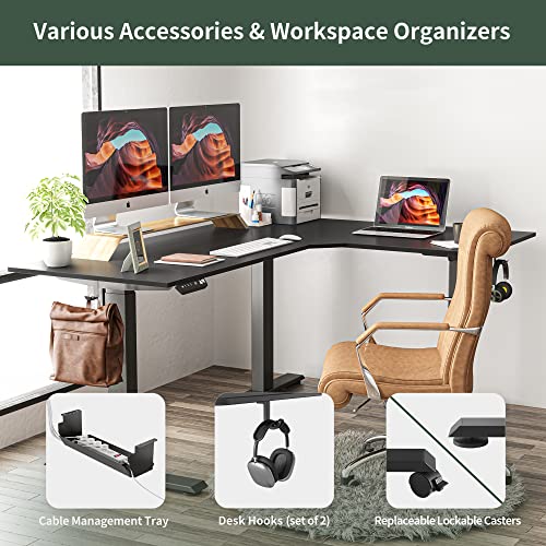 FEZIBO 75" Triple Motor L-Shaped Electric Standing Desk, Height Adjustable, Black Frame/Black Top