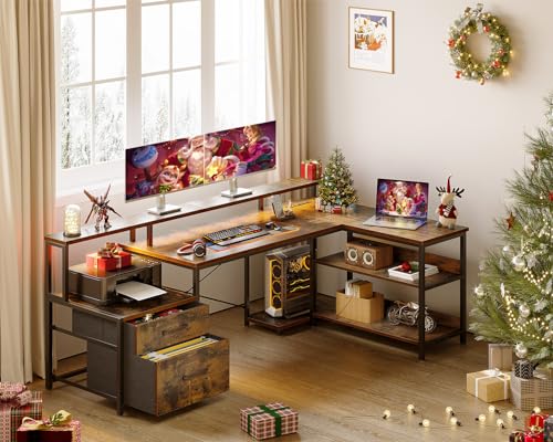 ODK L Shaped Desk with File Drawer, Power Outlet, LED Strip, & Storage Shelves