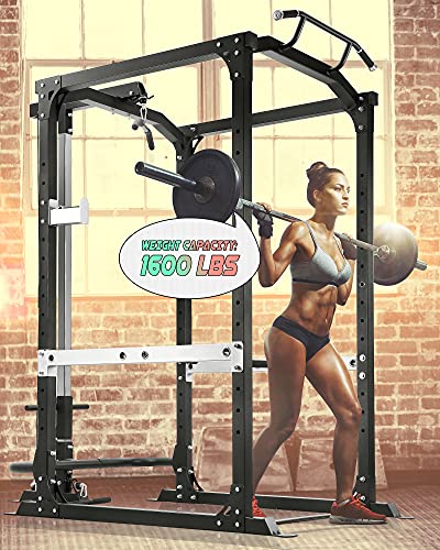 Power Rack Squat Rack Power Cage with LAT Pulldown Strength Training Smith Machine 1600-Pound Capacity 14 Height Adjustable Squat Cage with Pull-up Bar for Home Gym Barbell
