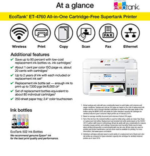 Epson EcoTank ET-4760 Wireless Color All-in-One Cartridge-Free Supertank Printer with Scanner, Copier, Fax, ADF and Ethernet - White