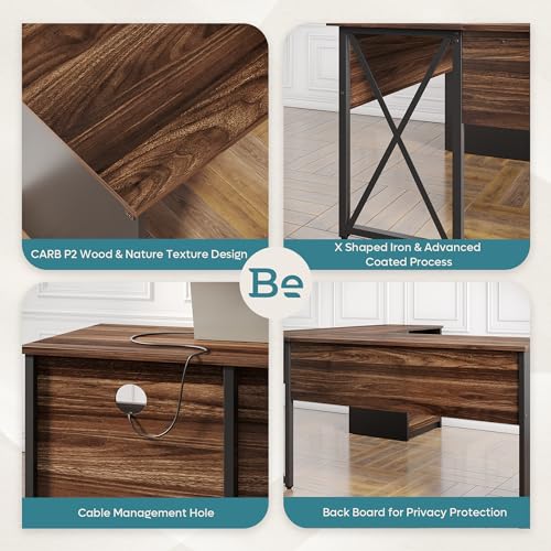 Bestier L Shaped Desk with File Drawer and Reversible Storage Drawers, Walnut, 55'' x 55''