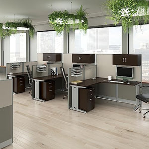 Bush Business Furniture Office in an Hour 3 Person L Shaped Cubicle Workstations in Mocha Cherry
