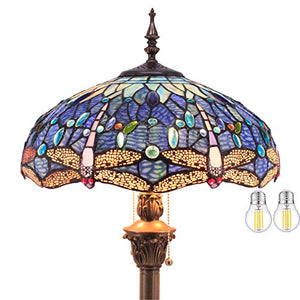 WERFACTORY Tiffany Dragonfly Blue Cloud Stained Glass Floor Lamp 16X16X64 Inches - Antique Pole Corner Lamp for Bedroom, Living Room, Home Office (S631 Series)