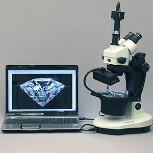 AmScope GM400TZ-3M Digital Trinocular Gemology Stereo Zoom Microscope, WH10x Eyepieces, 3.5X-90X Magnification, 0.7X-4.5X Zoom Objective, Halogen and Fluorescent Lighting, Inclined Pillar Stand, 110V-120V, Includes 0.5X and 2.0X Barlow Lenses, 3MP Camera