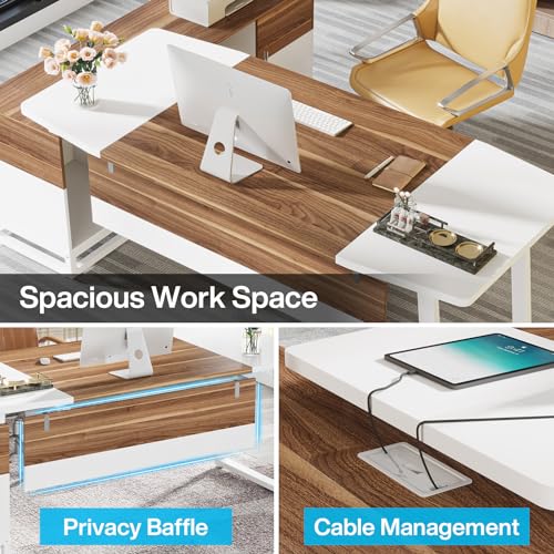 Tribesigns Executive Desk and Lateral File Cabinet Set, Large L-Shaped Computer Desk with Storage, White/Walnut