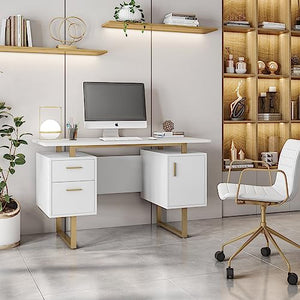 Techni Mobili Modern Office Desk with Storage Drawers and Cabinet, White/Gold