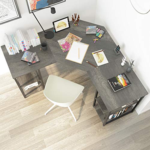 Elephance Large L-Shaped Computer Desk with Shelves, Corner Desk, Home Office Writing Workstation, Gaming Desk PC Latop Table with Storage (56.9 Inch, Boak)