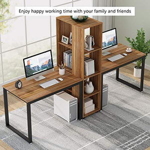 Tribesigns Double Computer Desk with Bookshelf, 91.7 Inches Extra Long Two Person Desk with Storage Shelves, Writing Desk Workstation for Home Office (Brown)