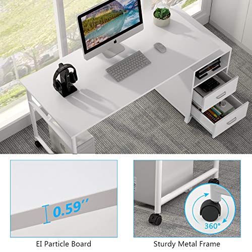 Tribesigns Reversible Computer Desk with Drawers, 360° Free Rotating Home Office Desk 47 inch Modern Study Writing Table Workstation with Storage Cabinet