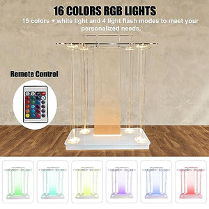 deenkk Acrylic Podium Stand with RGB LED Lights, 46" Tall, Wide Reading Surface