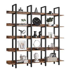 IRONCK Triple Wide 5-Tier Bookcase and Bookshelves with Back Fence, Vintage Brown