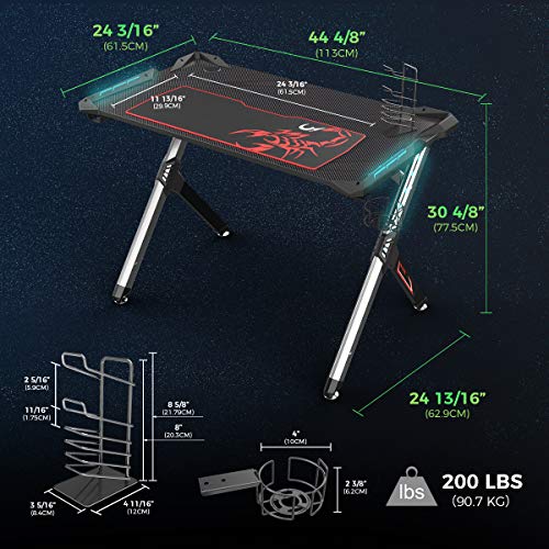 EUREKA ERGONOMIC Gaming Desk with RGB Lighting Gaming Table 44.5'' PC Desk Easy to Assemble Computer Desk with Free Mouse pad, Cup Holder& Headphone Hook for Men Boy/Girlfriend Son/Daughter Black