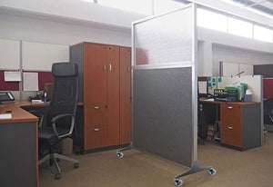 VERSARE Versare Hush Screen Portable Divider | Frosted Window | Freestanding Partition On Wheels | Rolling Office Workstation | 6' Wide x 6' Tall Powder Blue Fabric Panels
