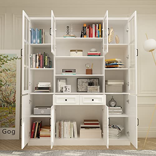 Homsee Tall Bookcase Bookshelf with Storage Shelves, Drawers, Glass Doors - White (63" W x 15.7" D x 78.7" H)