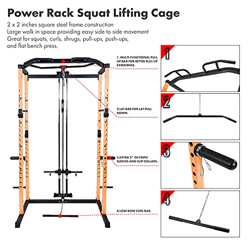 Vanswe Power Cage with LAT Pull Down Attachment, 1000-Pound Capacity Power Rack Full Home Gym Machine with Multi-Grip Pull-up Bar and Dip Handle (Orange)