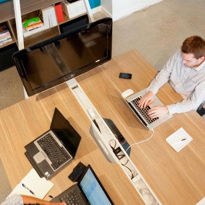 Steelcase Turnstone Bivi Table for One: 2 Plug-and-Play Power Kits - Virginia Walnut Top/Midnight Metallic Frame