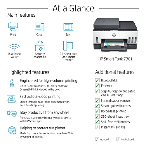 HP Smart Tank 7301 Wireless All-in-One Cartridge-free Ink Tank Printer, up to 2 years of ink included, mobile print, scan, copy, automatic document feeder (28B70A)