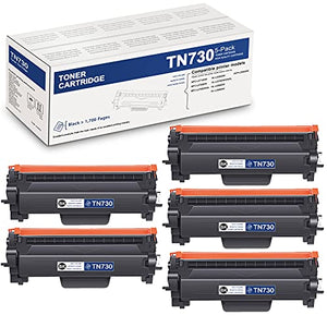 High Yield 5 Pack Black TN730 TN-730 Compatible Toner Cartridge Replacement for Brother DCP-L2550DW MFC-L2710DW L2750DW L2750DWXL HL-L2350DW L2370DW/DWXL L2390DW L2395DW Printer Ink Cartridge