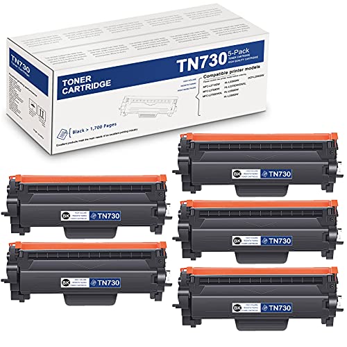 High Yield 5 Pack Black TN730 TN-730 Compatible Toner Cartridge Replacement for Brother DCP-L2550DW MFC-L2710DW L2750DW L2750DWXL HL-L2350DW L2370DW/DWXL L2390DW L2395DW Printer Ink Cartridge