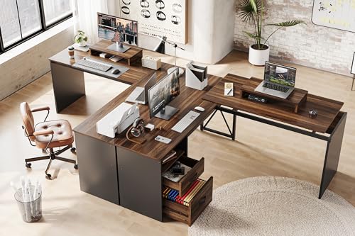 Bestier L Shaped Desk with File Drawer and Reversible Storage Drawers, Walnut, 55'' x 55''