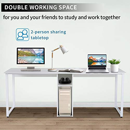 Mrs Bad Home Office Two Person Desk,Double Workstation Office Desk Writing Study Desk,Extra Long Computer Desk with Book Shelf (White)