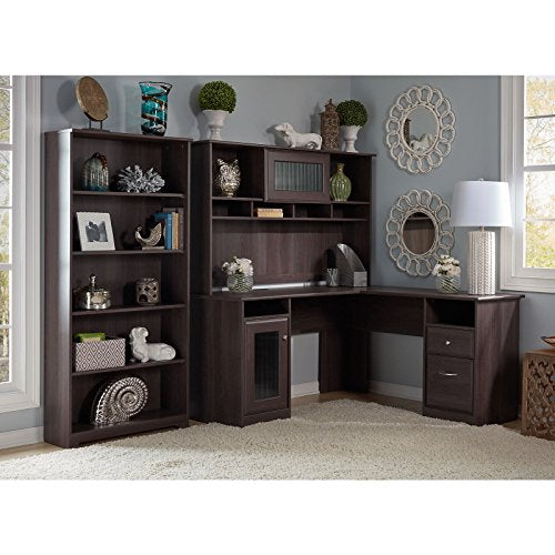 Cabot L Shaped Desk with Hutch and 5 Shelf Bookcase