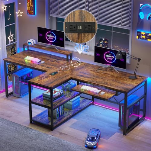 SEDETA 94.5" Home Office Gaming Desk with Storage, LED Lights, Power Strip, Keyboard Tray & Monitor Stand, Rustic Brown