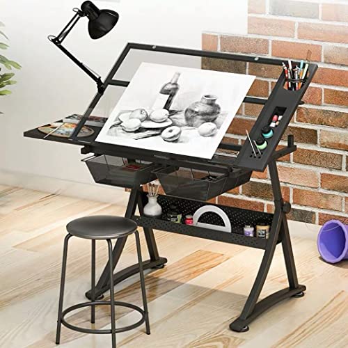 FLaig Glass Drafting Table Desk with Tilting Feature and Slide Drawers