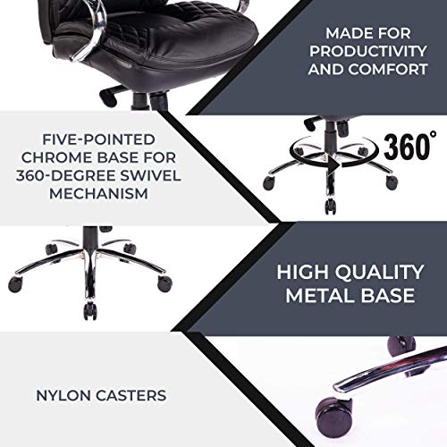 Halter Executive Bonded Leather Office Chair with High Back, Swivel Motion, Adjustable Height, Caster Wheels, and Lumbar Support for Ergonomic Computer Desk Seating, Black