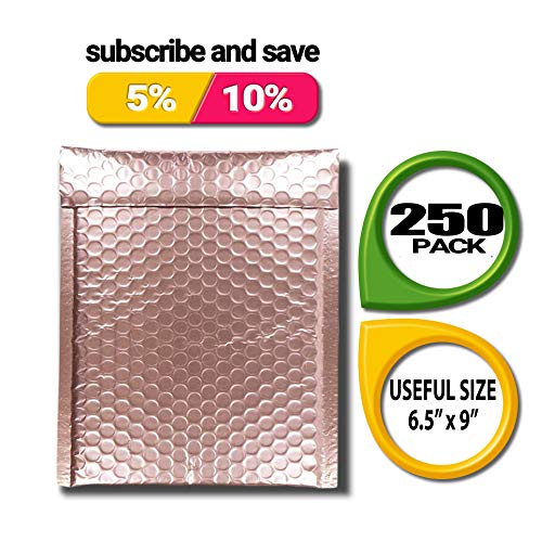 250 Pack Rose Gold Bubble Mailers 6.5 x 9 Metallic Padded Envelopes 6 1/2 x 9 Light Pink Cushion Envelopes. Peal and Seal. Shipping Bags for Mailing, Packing. Packaging in Bulk, Wholesale Price