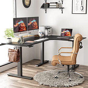 FEZIBO Triple Motor L-Shaped Electric Standing Desk, 63 inches Height Adjustable Stand Up Corner Desk, Sit Stand Workstation with Splice Board, Black Frame/Black Top
