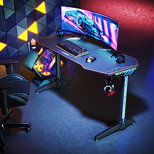 ELEGANT Gaming Desk with Led Lights Gaming Desk 55 inch Computer T-Shaped E-Sports Game Table Metal PC Desk with Mouse Pad Workstation for Home Office(Black)