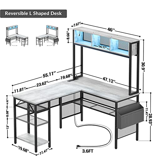 Unikito L Shaped Computer Desk with LED Strip, Power Outlets, Storage Shelves, Bag, USB Port - White Oak