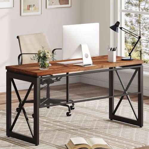 BON AUGURE 60 Inch Computer Desk for Home Office, Industrial Metal Wood Farmhouse Writing Desk