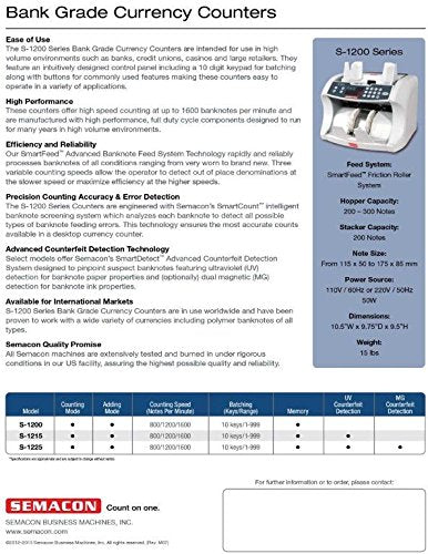 Semacon S-1215 Series 1200 Bank Grade Currency Counters with UV Detection and SmartFeed Advanced Banknote Feed System Technology, Speed Up to 1600 Notes Per Minute