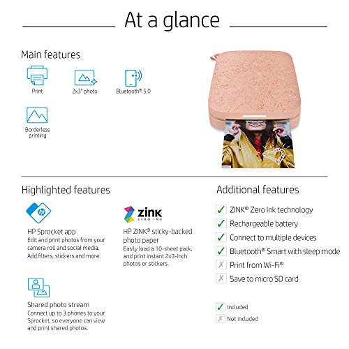 HP Sprocket Portable 2x3" Instant Photo Printer (Blush) Print Pictures on Zink Sticky-Backed Paper from your iOS & Android Device.