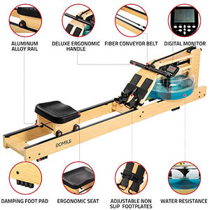 BOMBUS Water Rowing Machine for Home Use,Water Resistance Ash Wood Row Machine with LCD Monitor& Wide Seat Cushion Exercise Equipment for Men and Women Gyms Training Fitness Indoor Sports
