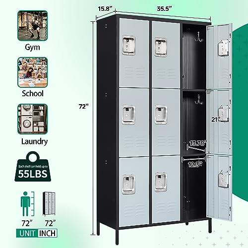 Letaya Metal Lockers for Employees - 9 Door Storage Locker with Shelves and Lockable Steel Cabinet - Black & Gray, 9 Door