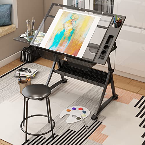 CYYTLFSD Glass Drafting Table Art Desk with Drawers and Chair