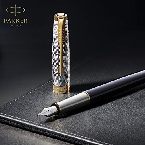 PARKER Sonnet Fountain Pen | Premium Silver Mistral Finish with Gold Trim | Fine 18k Gold Nib with Black Ink Cartridge | Gift Box