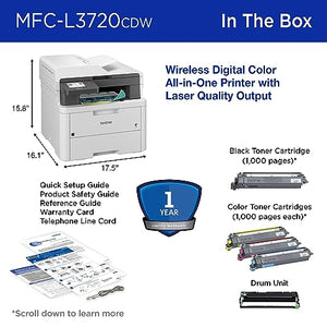Brother MFC-L3720CDW Wireless Color All-in-One Printer - Laser Quality Output, Copy, Scan, Fax, Duplex