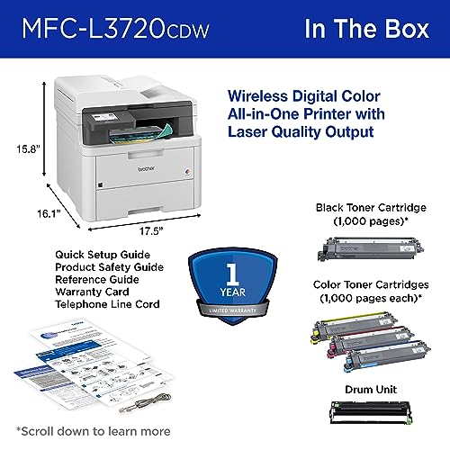 Brother MFC-L3720CDW Wireless Color All-in-One Printer - Laser Quality Output, Copy, Scan, Fax, Duplex